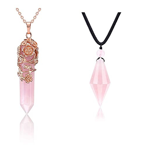 PESOENTH Rose Quartz Crystal Healing Pendant Necklace for Women plusRose Quartz Healing Crystal Stone Necklace Reiki Pink Quartz Gemstone Point Pendant Cord Adjustable Jewelry