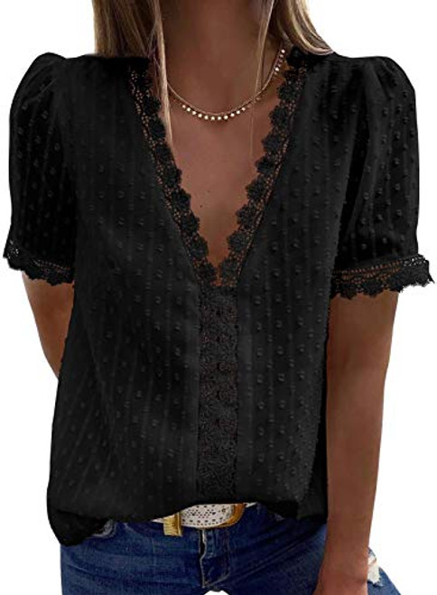 ROSKIKI Womens Solid Lace Trim V Neck Short Sleeve Swiss Dots Sheer Mesh Blouse Tunic Tops Black Large ROSKIKI Womens Solid Lace Trim V Neck Short Sleeve Swiss Dots Sheer Mesh Blouse Tunic Tops Black Large