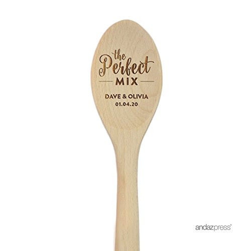 Andaz Press Personalized Laser Engraved Wooden Mixing Spoon 12-inch The Perfect Mix Dave  and  Olivia 01.04.20 1-Pack Custom Names and Date