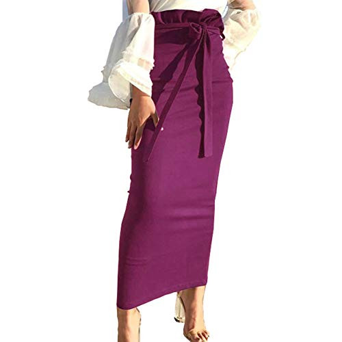 Roselux Women Elegant Paperbag Waist Bodycon Pencil Skirt High Waist Ribbed Knitted Party Maxi Skirt for Work-Purple-M-