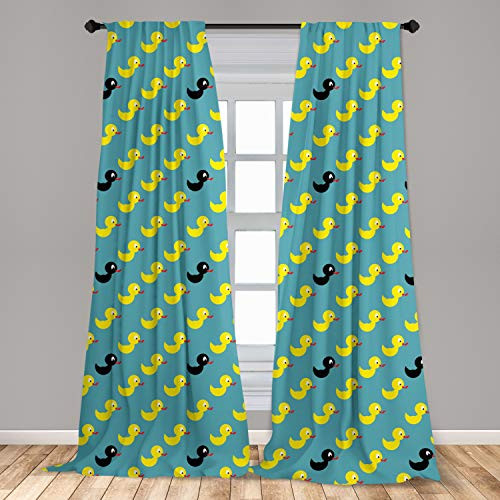 Lunarable Duckies Window Curtains Abstract Bathroom Toy Pattern a Black Rubber Duck Among Yellow Ones Theme Lightweight Decorative Panels Set of 2 with Rod Pocket 56" x 63" Teal