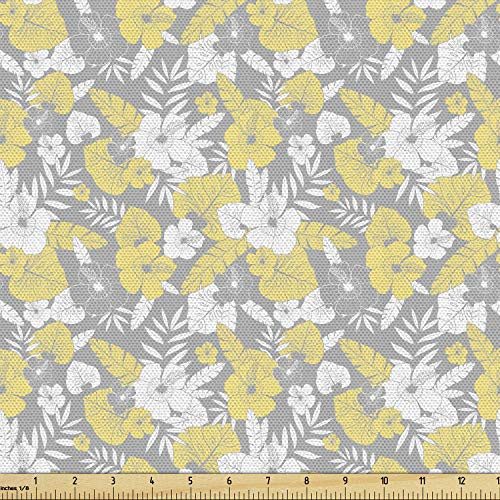 Ambesonne Luau Fabric by The Yard Hawaiian Vegetation Flowers Abstract Summertime Botanical Composition Decorative Fabric for Upholstery and Home Accents 3 Yards Yellow Grey