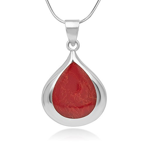 925 Sterling Silver Natural Red Sea Bamboo Color Inlay Teardrop Pendant Necklace 18" Chain 925 Sterling Silver Natural Red Sea Bamboo Color Inlay Teardrop Pendant Necklace 18" Chain