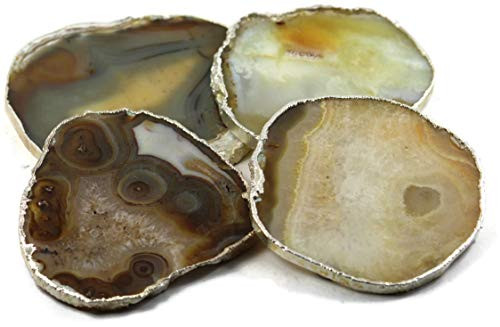 OwlKraft Set of 4 Caramel Brown Agate Stone Coasters - Agate Coasters - Stone Under Tables - Decorative Tea Coasters - Brown Table Coasters - Dessous de verre -Silver Electroplated Borders-