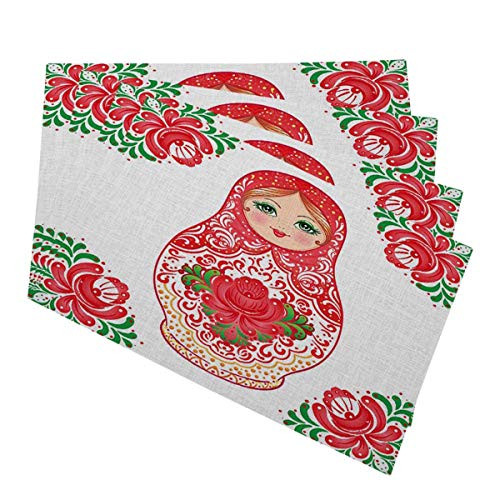 Mugod Babushka Placemats Russian Wooden Nesting Doll Decorated with Painted Flowers Decorative Heat Resistant Non-Slip Washable Place Mats for Kitchen Table Mats Set of 4 12"x18"