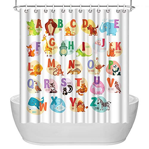 ArtBones Animal Alphabet Shower Curtain Kids Educational Bathroom Shower Curtain Cute Animal Polyester Fabric with Hooks 72x72 inches
