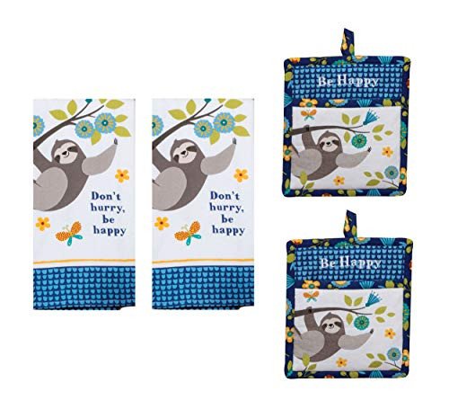 4 Piece Kay Dee Be Happy Sloth Kitchen Decor Bundle Towels and Potholders