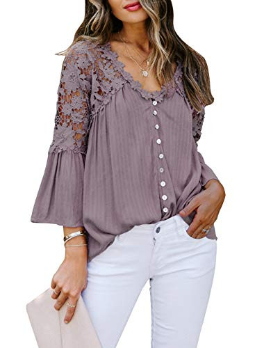 FARYSAYS Women's Fall V Neck Lace Crochet Flowy Bell Sleeve Button Down Casual Blouses T Shirts Tops Purple X-Large