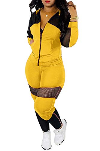 Womens Sexy Mesh Patchwork Zip Up Hoodie Jacket Two Piece Outfits Skinny Long Pants Clubwear Tracksuit Sportswear Set -Yellow M-