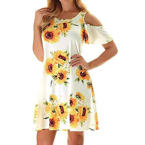 Sunflower DressCucuchy Ladies Tunic Dresses Flowy Cute Vacation Summer Clothes Classic Round Neck Stylish Dressy Cold Shoulder Sundress Knit Vivid Charming Beach Outfit Gorgeous Yellow White Flower L