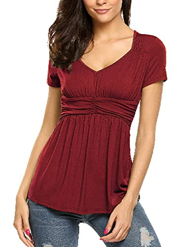 SoTeer Womens V Neck Empire Waist Shirt Short Sleeve Casual T Shirts Blouses TopsWine Red XXL