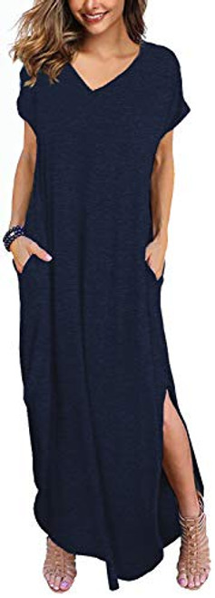 oten Women Casual Split Maxi Dress Short Sleeves V Neck Loose Pocket Long Dress -XXL Navy Blue- oten Women Casual Split Maxi Dress Short Sleeves V Neck Loose Pocket Long Dress -XXL Navy Blue-