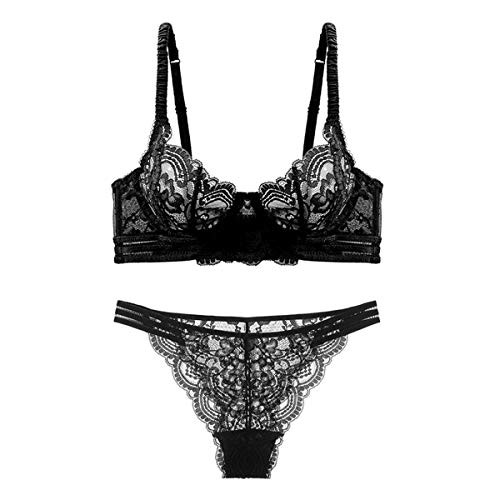 Women's Sexy Soft Lace Lingerie Set See Through Underwear Floral Lace Underwire Sheer Bra and Panty Set-Black38D-