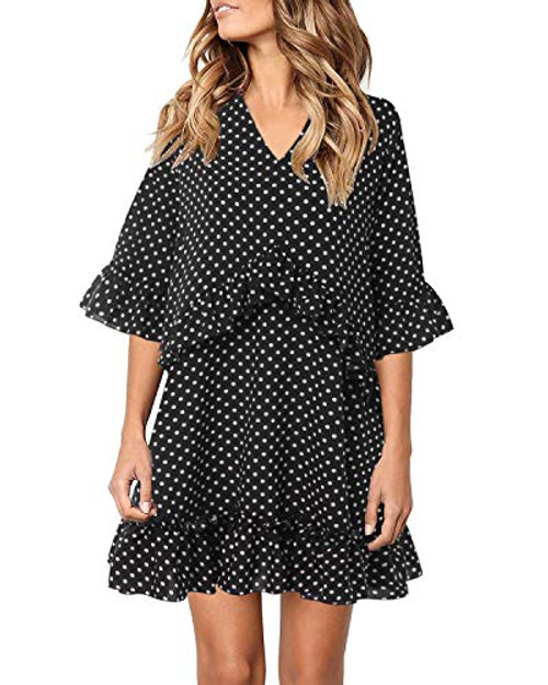ZANZEA Women Summer Tunic Dress V Neck Ruffle Polka Dot Casual Loose Short T-Shirt Dress Swing Shift Dress Mini Dress Black L ZANZEA Women Summer Tunic Dress V Neck Ruffle Polka Dot Casual Loose Short T-Shirt Dress Swing Shift Dress Mini Dress Black L