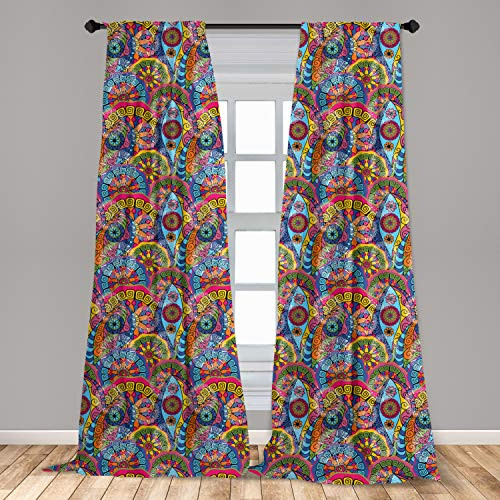 Ambesonne Mandala Window Curtains Colorful Abstract Sixties Inspired Pattern Flower Design with Stripes Lines Lightweight Decorative Panels Set of 2 with Rod Pocket 56" x 63" Multicolor