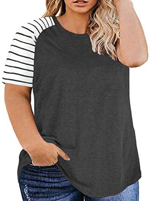 DOLNINE Women's Plus Size T-Shirt Short Sleeve Raglan Striped Tops Tunic Dark Grey-22W DOLNINE Women's Plus Size T-Shirt Short Sleeve Raglan Striped Tops Tunic Dark Grey-22W
