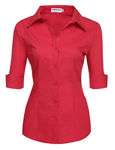Hotouch Womens Short Sleeve Red Button Down Shirt Cotton Work Shirts Blouse Top -Red M-