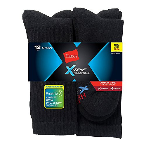 Hanes Men's 6-Pack FreshIQ Cushion Crew Socks -13-15 - Shoe- 12-14 Black X-Temp Technology-