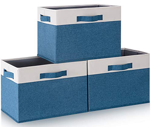 GhvyenntteS Storage Bins -3-Pack- Large Foldable Storage Baskets for Shelves Sturdy Fabric Cube Storage Boxes with 3 Handles for Closet Nursery Cabinet Living Room -Blue 15" x 11" x 9.6"-