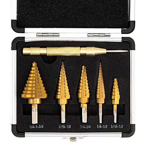 Accurato 5pcs HSS Titanium Coated Step Drill Bits Set  and  Automatic Center Punch 50 Sizes High Speed Steel Stepped Up Drill Bits with Aluminum Storage Case