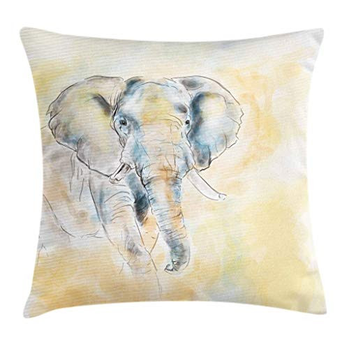 Ambesonne Elephant Throw Pillow Cushion Cover Elephant Watercolor Style Illustration Wild Creature Safari Exotic Wildlife Theme Decorative Square Accent Pillow Case 20" X 20" Cream Grey