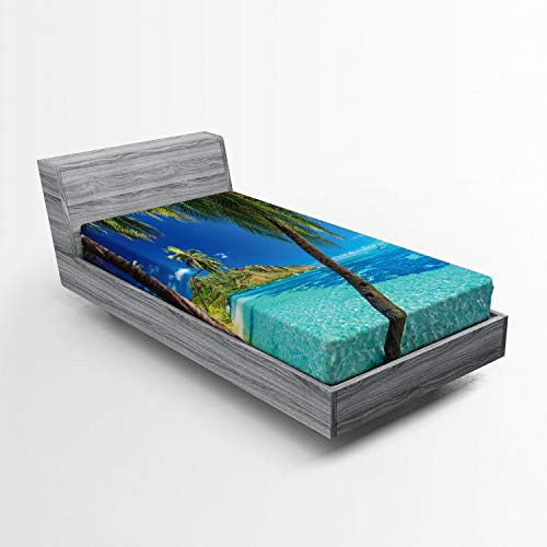 Ambesonne Ocean Fitted Sheet Image of a Tropical Island with The Palm Trees and Clear Sea Beach Theme Print Soft Decorative Fabric Bedding All-Round Elastic Pocket Twin Size Turquoise Blue