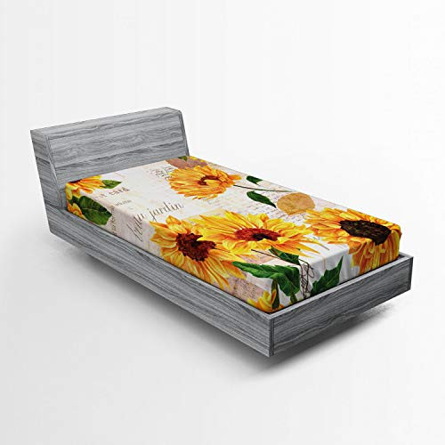 Lunarable Sunflower Fitted Sheet Romantic Flowers on Old Fashioned Letters Postcards Newspapers Soft Decorative Fabric Bedding All-Round Elastic Pocket Twin Size Fern Green
