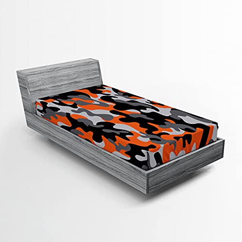 Ambesonne Camo Fitted Sheet Vibrant Camouflage Lattice Like Service Theme Modern Design Print Soft Decorative Fabric Bedding All-Round Elastic Pocket Twin Size Orange Black