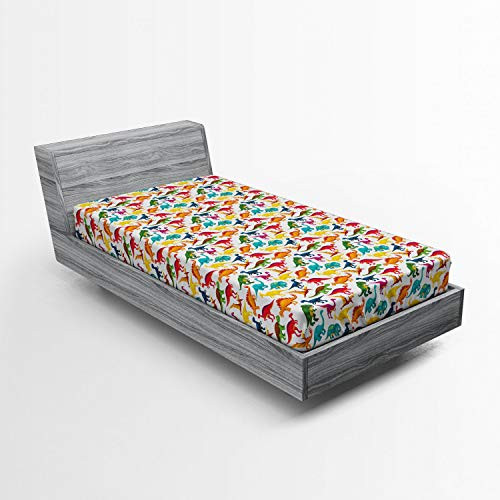 Lunarable Dinosaur Party Fitted Sheet Tyrannosaurus Triceratop Vibrant Toned Jurassic Animals Fantasy World Turtle Soft Decorative Fabric Bedding All-Round Elastic Pocket Twin Size Teal Orange
