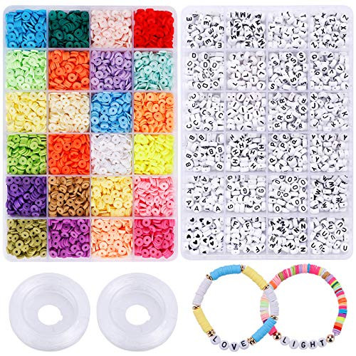 6000pcs Clay Heishi Beads 1200pcs Letter Beads for Jewelry Making 24 Colors 6mm Polymer Clay Spacer Beads with Elastic String Bracelets Necklace Making Kit