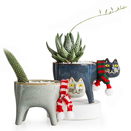 Planter Succulent Pots with Drainage Cat Grass Animal Planter Set of 2 Medium and Small Planter Pots- Cat Planter -Style 1-