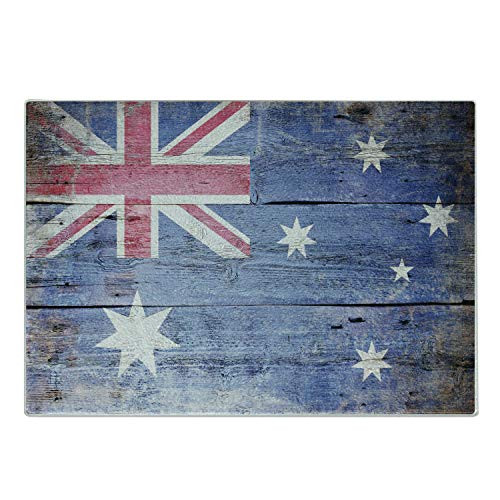 Lunarable Australia Cutting Board Australian Flag Painted on Old Wooden Look Background Decorative Tempered Glass Cutting and Serving Board Small Size Lavender Pink