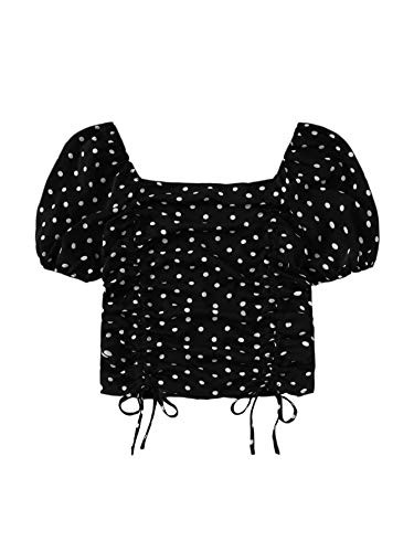 SheIn Women's Puff Short Sleeve Square Neck Shirred Drawstring Crop Blouse Top Mint Black#D Large