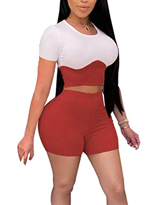 Women 2 Piece Ribbed Outfits Short Sleeve Crop Top Shorts Sets Workout Color Block Tracksuits Red S Women 2 Piece Ribbed Outfits Short Sleeve Crop Top Shorts Sets Workout Color Block Tracksuits Red S