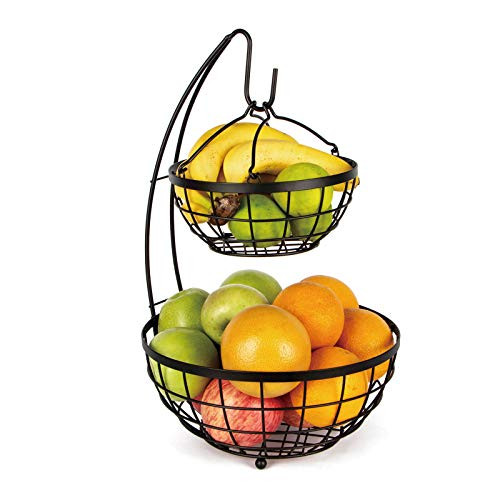 Hillbond Fruit Basket with Banana Hanger- 2-Tier Wire Fruit Bowl with Hook- Vegetable and Fruit Storage Basket with Detachable Banana Hanger Fruit Holder for Kitchen Counter