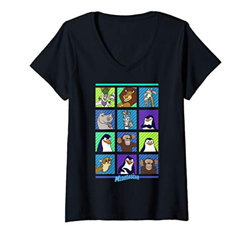 Womens Madagascar Group Shot Bold Panels Poster V-Neck T-Shirt Womens Madagascar Group Shot Bold Panels Poster V-Neck T-Shirt