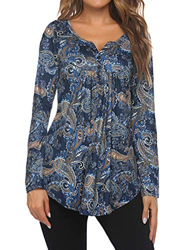Womens Plus Size Fall Tops Long Sleeve Floral Blouses V Neck Flowy Tunic Shirts for Leggings 2X Dark Blue