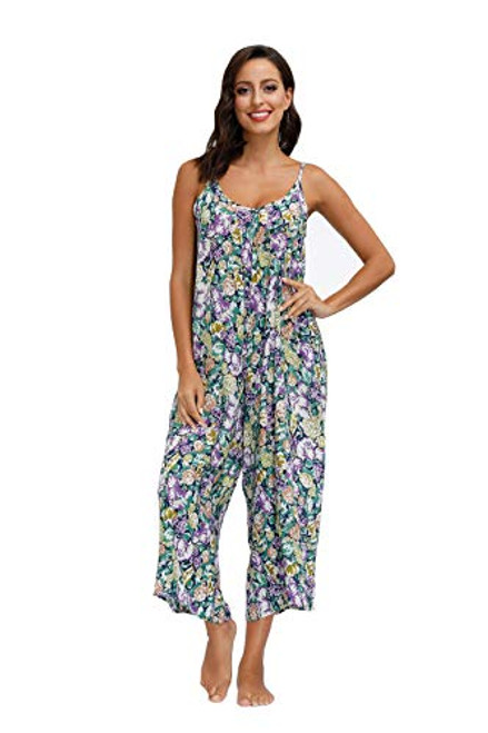 wexcen Womens Floral Printed Jumpsuits Casual Sleeveless Spaghetti Strap Rompers Wide Leg Pants with Two Pockets -Purple M-