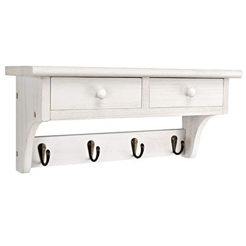 Emfogo Coat Rack Wall Mounted Shelf with Hooks  and  Drawer Rustic Wood 17" Entryway Shelf Hanger with Coat Hooks for Entryway Mudroom Bedroom Kitchen Bathroom -White-