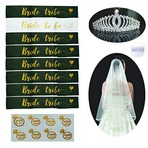 Bachelorette Party Decorations Sash and Tiara Kit - Bride to Be & Bride Tribe Sashes/Tiara/Veil w/comb/Gold Flash Tattoos | Favors & Gift for Bridesmaid, Engagement, Wedding, Hen Party & Bridal Shower
