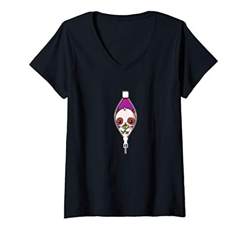 Womens Baby Panda Peeking Out of Zipper Eating Bamboo Humor Gift V-Neck T-Shirt