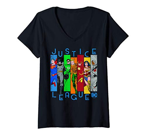 Womens DC Comics Justice League Colorful Panels V-Neck T-Shirt