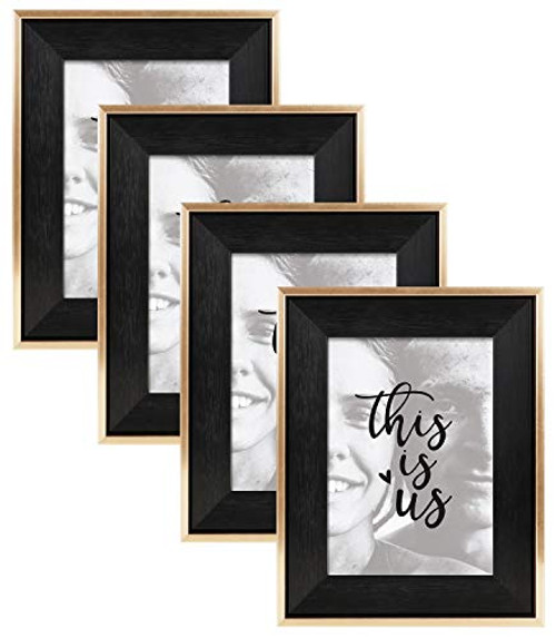 ArtbyHannah 4 Pack 5x7 Inch Modern Black Gold Picture Frame Set with High Definition Glass for Tabletop Display and Wall Mounting Photo Frame for Wedding or Home Decoration