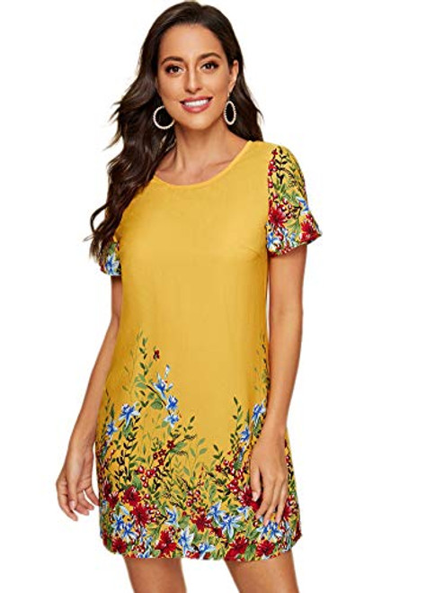 Romwe Women's Short Sleeve Floral Print Loose Casual Tunic Swing Summer Shirt Dress Yellow XL Romwe Women's Short Sleeve Floral Print Loose Casual Tunic Swing Summer Shirt Dress Yellow XL