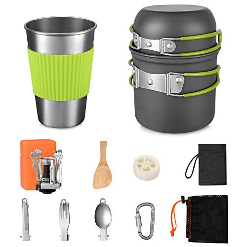 G4Free Camping Cookware Mess Kit 13 Pieces Hiking Backpacking Picnic Cooking Pot Pan Bowls Mini Stove Stainless Steel Cup Knife Spoon Set