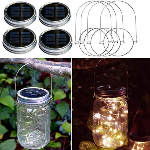 LAMPDREAM 4 Packs Regular Mouth Solar Mason Jar Lids Lights with Hangers, Waterproof Mason Jar Solar Lights for Garden, Yard, Pathway, Patio Decor, Warm White