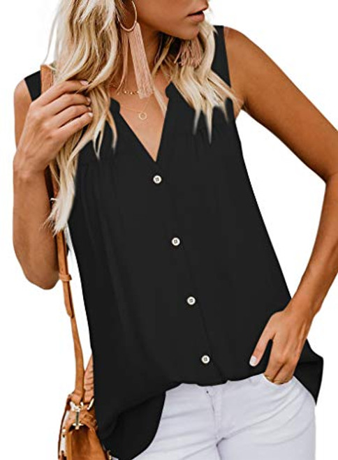 Gaharu Button Down Womens Blouse Sleeveless Tank Top Work Casual Shirts Notch V Neck Chiffon Cami Pleated Tunic BlackLarge