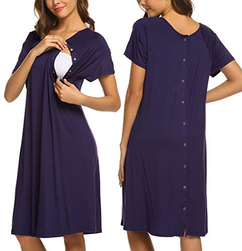 Ekouaer Nursing Nightgown Womens Short Sleeve Maternity Sleepwear for Breastfeeding-Dark PurpleS-