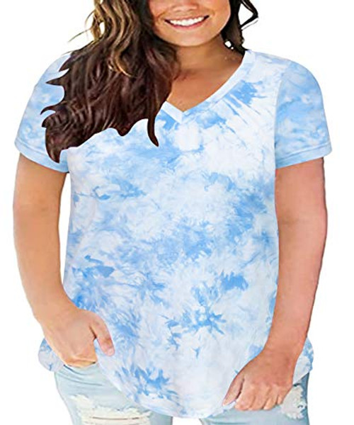 CARCOS Blue Tie Dye Plus Size Tops for Women 3X Short Sleeve Sky Blue T Shirts V Neck Color Block Blouses Casual Loose Fit Tunics 3XL 22W 24W CARCOS Blue Tie Dye Plus Size Tops for Women 3X Short Sleeve Sky Blue T Shirts V Neck Color Block Blouses Casual Loose Fit Tunics 3XL 22W 24W
