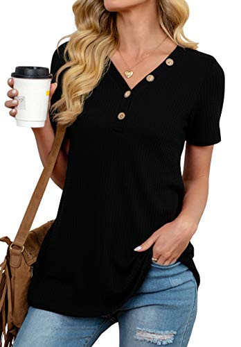 ANIXAY Womens Waffle Knit Blouses Button Up Casual Henley Tunic Tops Short Sleeve V Neck Loose Fitting Shirts Black-Large